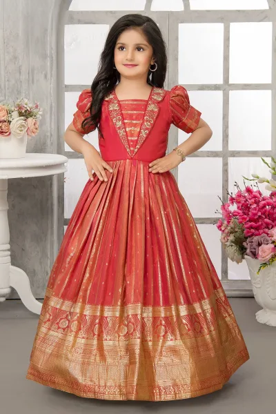 Orange Stone, Zardozi and Banaras Zari work Long Party Gown